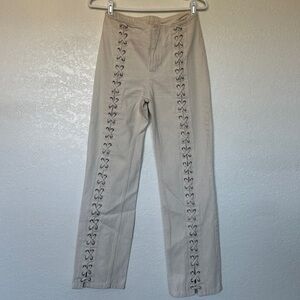 H&M Cream Denim Lace Up Front Pants, Size 2 Runs Small